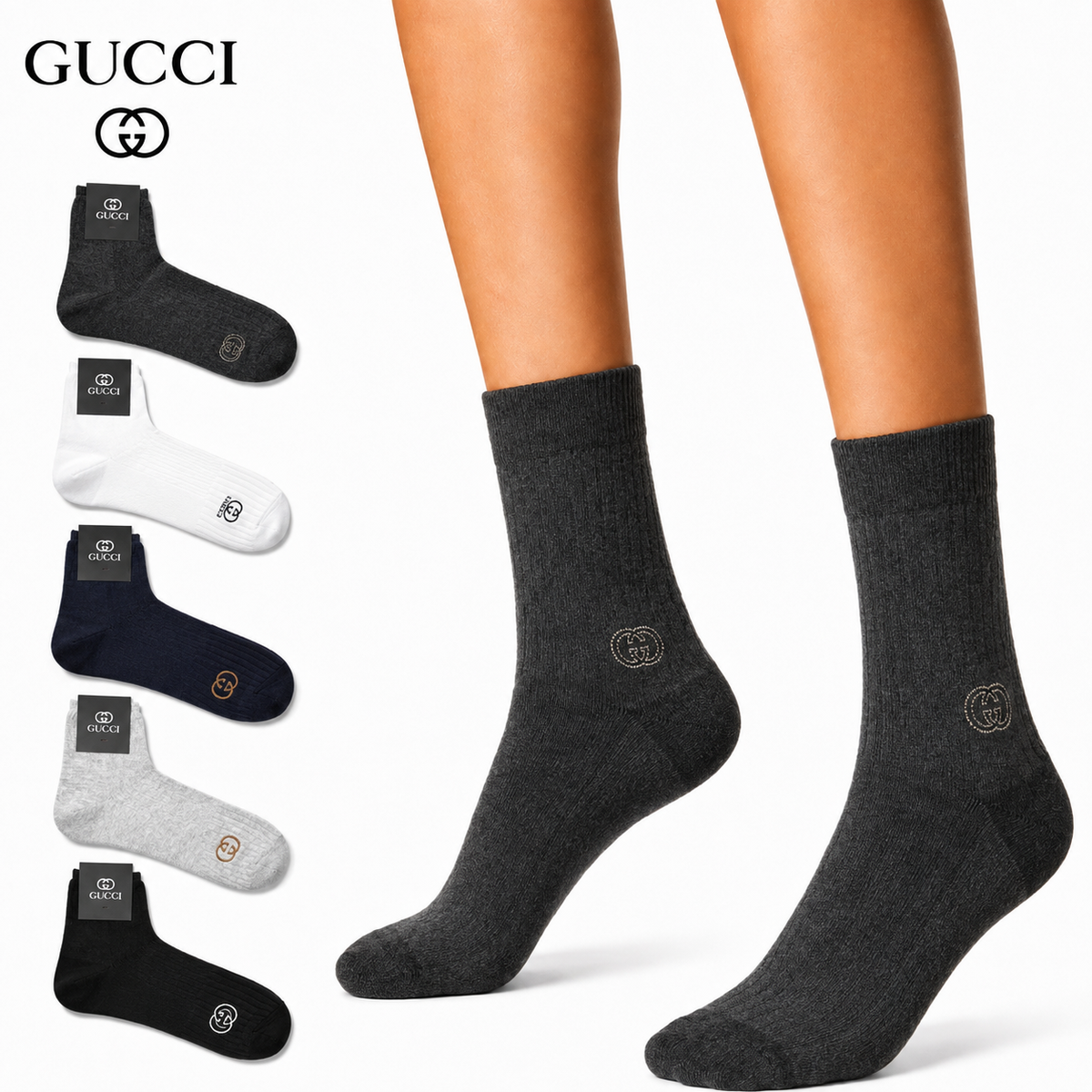 Gucci Embroidered GG Quarter Socks 5-Pack – Metallic Logo, Gift Box