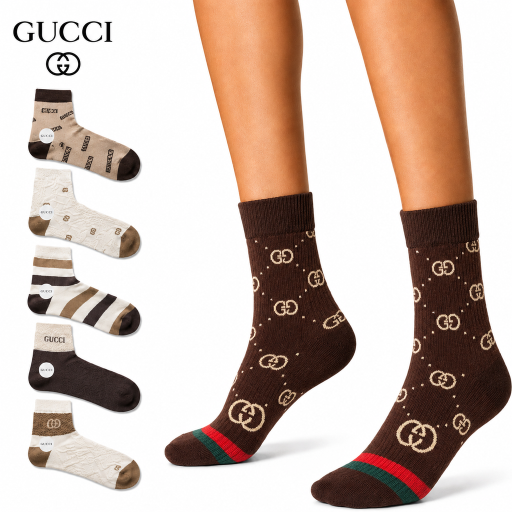 Gucci Mixed GG Logo Crew Socks 5-Pack – Brown & Camel Tones, Gift Box