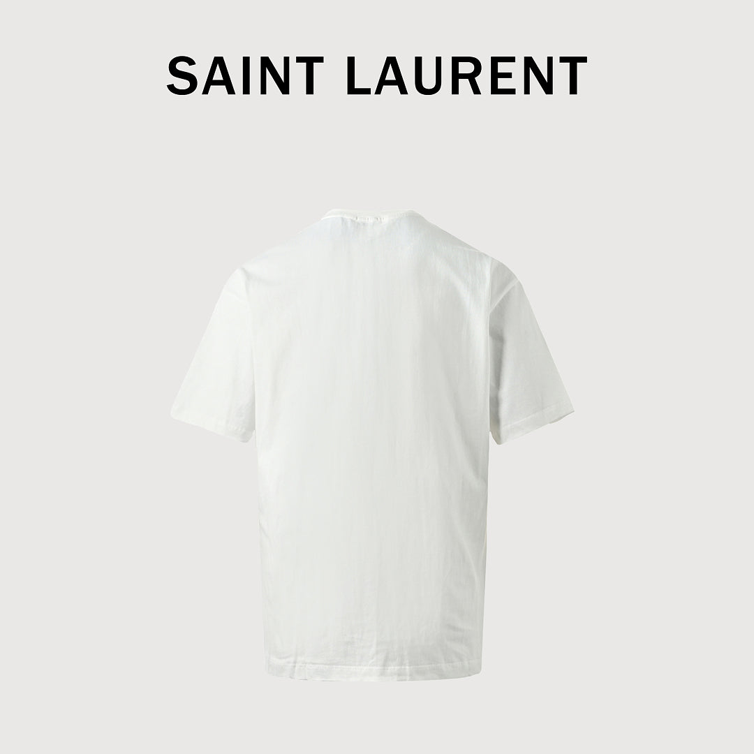 SAINT LAURENT White Crew-Neck T-Shirt with Hem Label