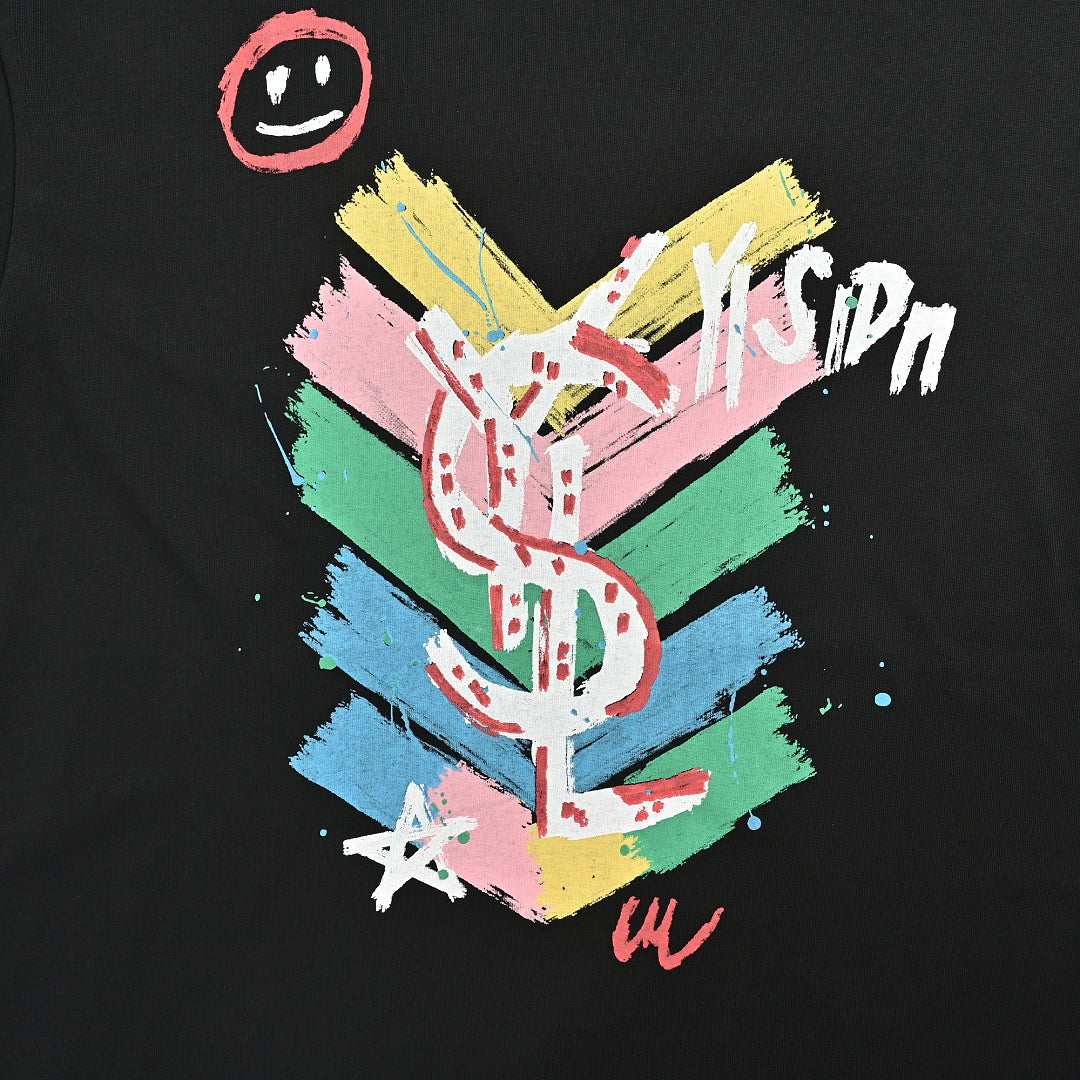 SAINT LAURENT Black Multicolor Graffiti Monogram T-Shirt