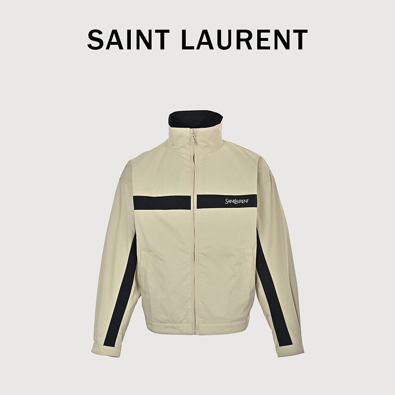 SAINT LAURENT Embroidered Stripe Stand-Collar Zip Jacket