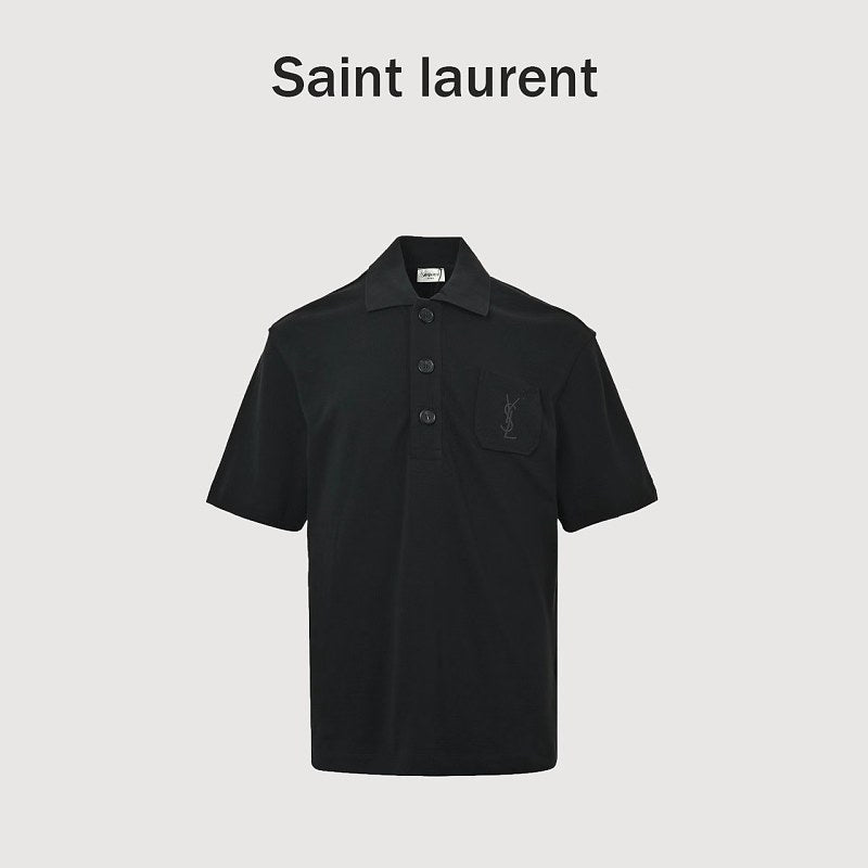 SAINT LAURENT Black Monogram Pocket Polo Shirt