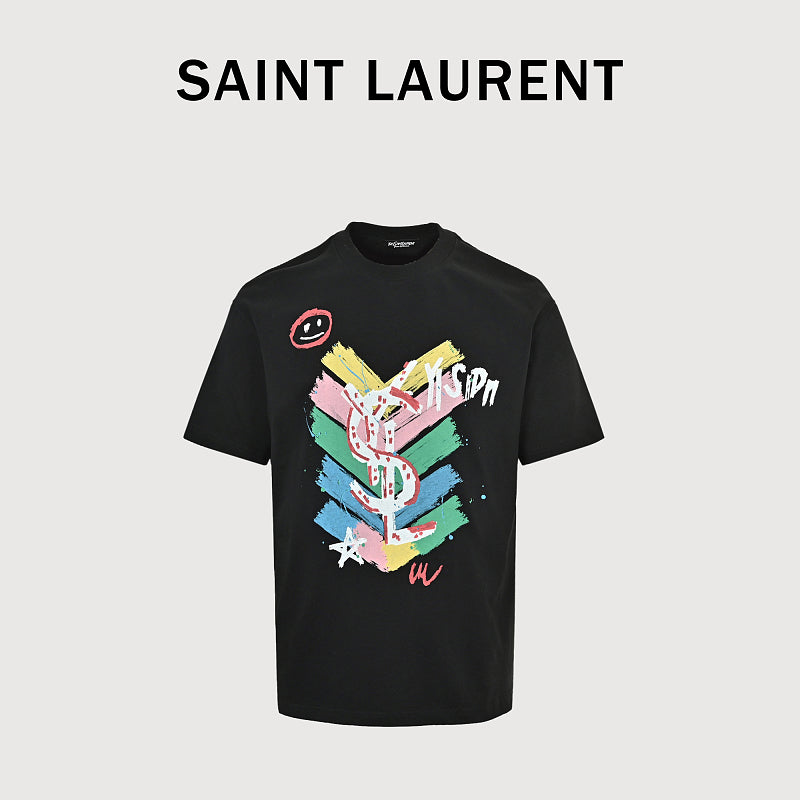 SAINT LAURENT Black Multicolor Graffiti Monogram T-Shirt
