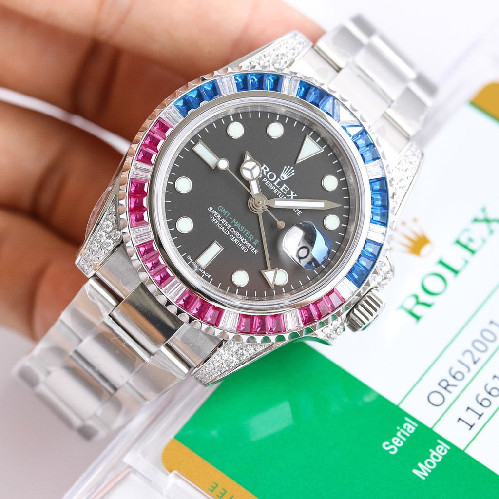 GMT-Master II Rainbow 40mm Blue Diamond Stainless Steel Black Dial Watch 5